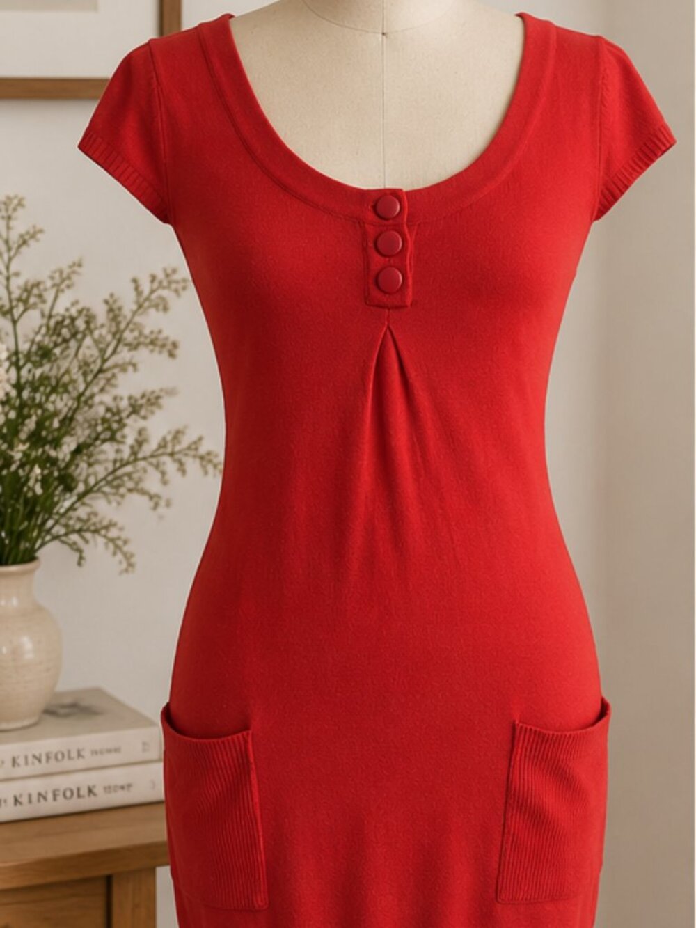 SHAE Red Knit Button-Back Mini Dress with Pockets